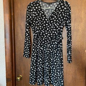 KAILEIGH Cotille Black and White Leopard Pringt Faux Wrap Knit Dress